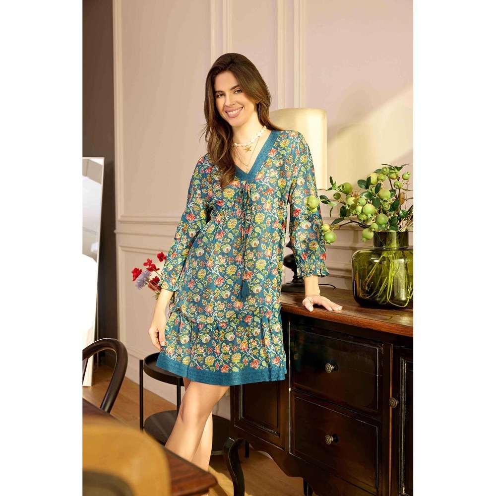 Bohera Gloria V-Neck Drop Waist Dress Womens Small Floral Boho Tiered Ruffle